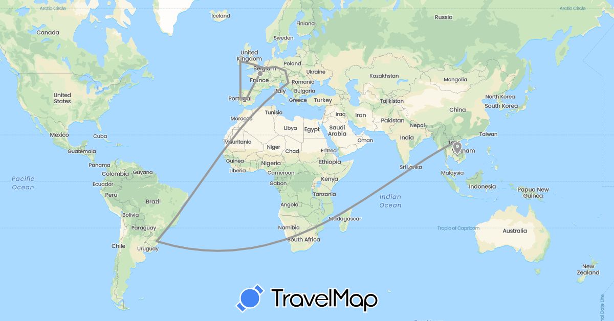 TravelMap itinerary: driving, plane in Belgium, Brazil, Czech Republic, Germany, Spain, France, Croatia, Ireland, Cambodia, Laos, Portugal (Asia, Europe, South America)